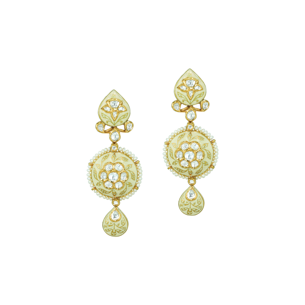 Ivory-Mint Enamel Earrings with Polkis and Pearls